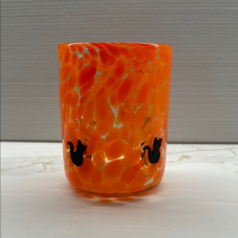 Orange Glass Art Vase with Black Cat Design